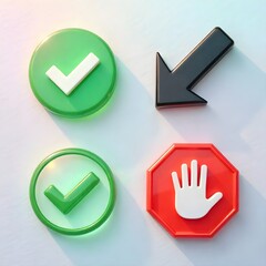 Top left: Green circle with a white check mark.

Bottom left: Light teal circle with a green check mark.

Top right: Orange circle with a black upward arrow.

Bottom right: Red circle with a white han
