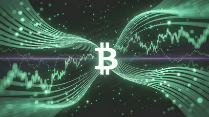 Bitcoin's digital wave: An evocative digital illustration of the bitcoin symbol emerging from a sea of flowing green lines and data graphs, symbolizing the dynamic nature of cryptocurrency 