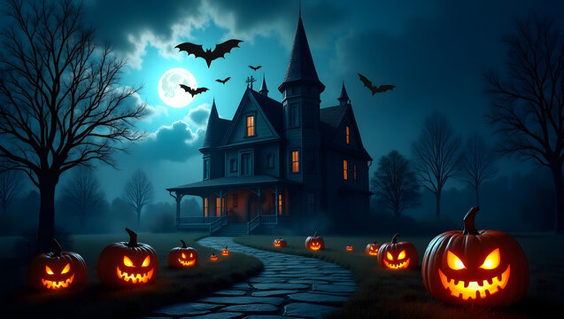 Spooky Halloween Night with Glowing Pumpkins and Haunted House