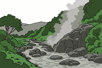 Rocky landscape with steaming water and lush greenery around