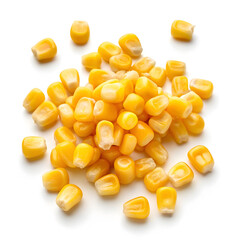 Fototapeta premium Golden corn kernels scattered on a white background, showcasing their plump texture,