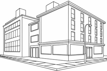 Street corner with a large billboard on the side of a building, monochrome line-art illustration style.