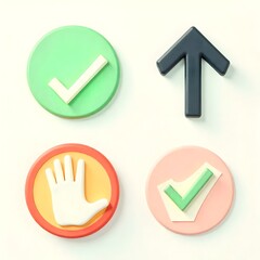 Top left: Green circle with a white check mark.

Bottom left: Light teal circle with a green check mark.

Top right: Orange circle with a black upward arrow.

Bottom right: Red circle with a white han