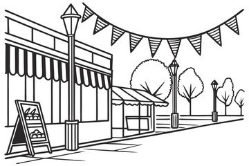 Street festival scene with banner stands and signboards, monochrome line-art illustration style.
