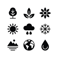 Nine silhouette icons representing nature weather seasons climate earth water plants and sun