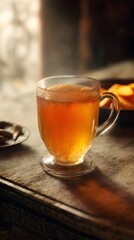 Glowing peach tea with golden hue, vintage table and side margin for healthy tagline