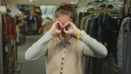 Woman touching eyes rubbing displays surprised expression in store with blonde young model near shop clothing racks in an indoor environment.