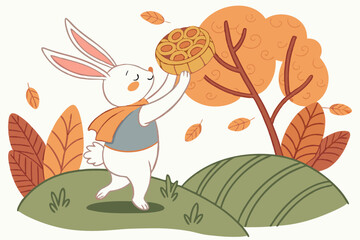 Cute rabbit celebrating Mid-Autumn moon cake
