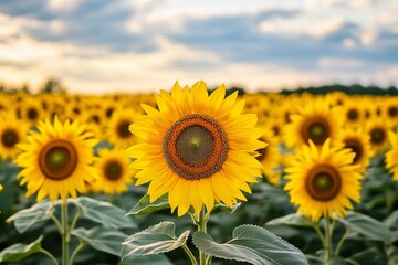 Fototapeta premium Bright sunflower in full bloom on a sunny day, close up shot with field of sunflowers and blue sky in background. Natural summer scene symbolizing energy, growth and positivity.