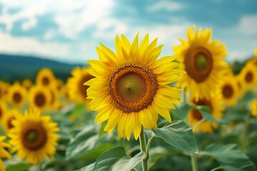 Fototapeta premium Bright sunflower in full bloom on a sunny day, close up shot with field of sunflowers and blue sky in background. Natural summer scene symbolizing energy, growth and positivity.