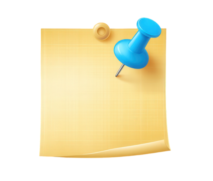 Blank Yellow Note with Blue Pushpin on Transparent Background