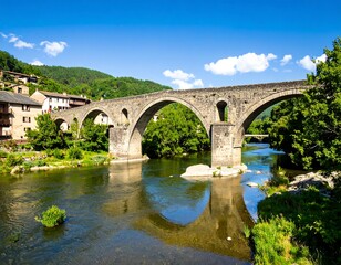 Fototapeta premium Picturesque old stone bridge spanning the river in rural European village