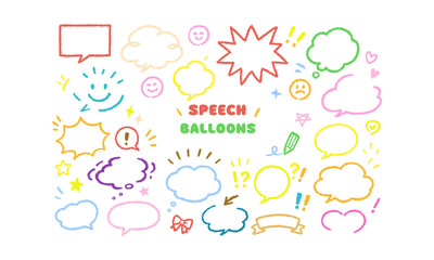 Colorful Crayon Drawn Speech Balloons Vector Illustration Set Hand Drawn Doodle Style Thought Bubbles and Comic Elements, easily editable and scalable.