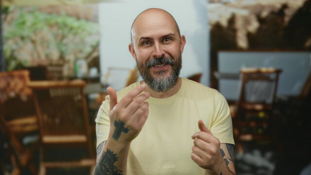 Bald man with tattoos giving thumbs up on urban terrace with blurred background suggests outdoor coffee setting in city.