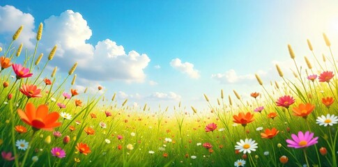 A vibrant summer meadow bursting with wildflowers, tall grasses swaying gently in the breeze, bathed in warm sunlight  Perfect for nature, summer, and idyllic themes ,  pollination,  sunshine