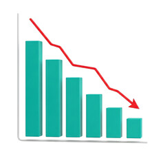 Teal bar chart with red downward trend line isolated on transparent background