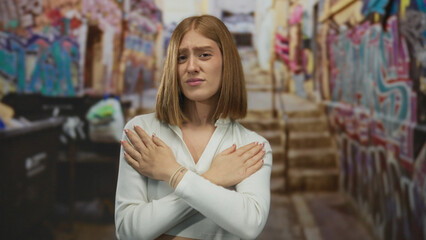 Young blonde woman in casual top crosses bare arms over chest on graffiti lined city street; cold discomfort chill shivering.
