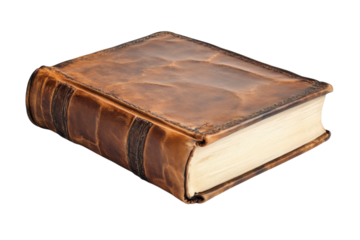 Leather-bound book resting on a flat surface with a rich, worn texture and antique appearance