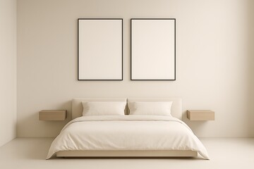 White bed with two frames and floating tables, lamps, white wall, neutral bedding and calm style, calm decorative scene for interior
