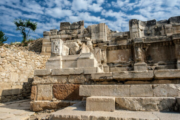 Ruins of a building and elements of architectural decoration in the ancient city of Sagalassos in the Aglasun district of Burdur province in Turkey