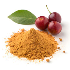 Light beige camu camu powder sits isolated on a white background, highlighting its fine texture