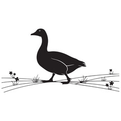 Walking Goose Silhouette with Grass and Flowers