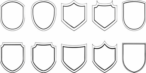 Collection of ten different shield shapes with black outlines and white backgrounds for design elements