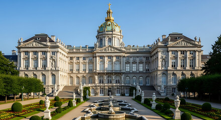 Obraz premium Grand Baroque Palace Exterior: Sunny Day, Formal Gardens, Statues, Fountains, Architectural Detail.