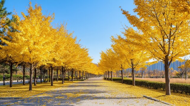 Golden ginkgo tree lined avenue in autumn with yellow leaves on ground and clear blue sky