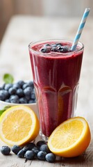 Zesty blueberry citrus juice in tumbler with straw, clean open table space for health product claim or slogan.