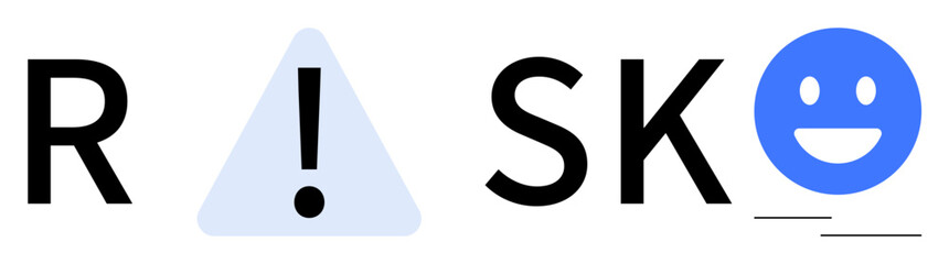 Bold RISK text with a warning triangle substituting the I and a blue happy face in place of O. Ideal for safety, decision-making, risk assessment, balance, communication, alerts, simple landing page