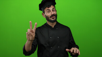 Hispanic man chef with a beard gestures in front of a bright green background wearing a black uniform and hat showcasing culinary expertise.
