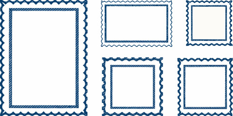 Collection of hand drawn blue postage stamp frames with perforated edges on a white background