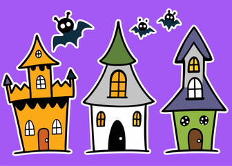 Cartoon Halloween Houses with Bats on Purple Background for Spooky Season Fun