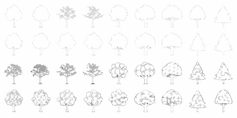 Collection of stylized trees in various stages of detail and form rendered in grayscale outlines and shading