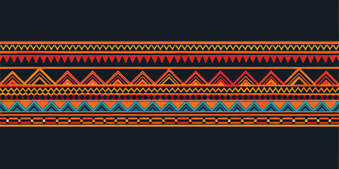 Vibrant geometric tribal pattern with zigzags triangles and diamonds on dark background