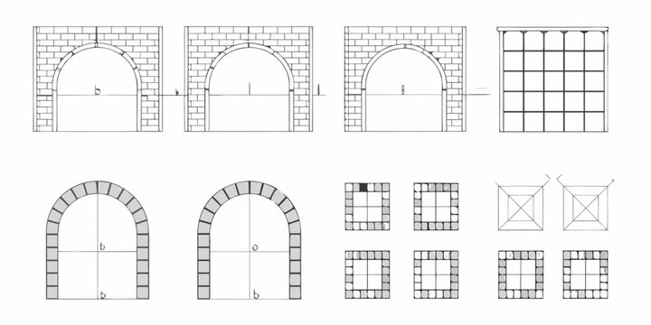 Architectural diagrams illustrating the construction and design of arches and vaulted ceilings
