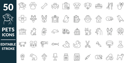  pets care icons bundle, editable line art symbols for animals grooming, pets outline stroke icon set © designhunt7