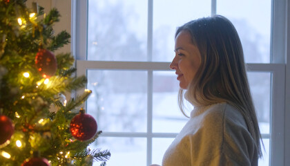 Woman looking at christmas tree by window
