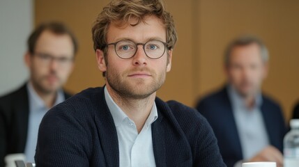 Thoughtful young professional in a modern business meeting setting