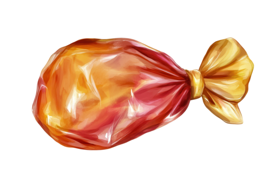 Colorful candy bag wrapped in red and orange with a golden bow showcasing a playful treat for festive occasions and celebrations