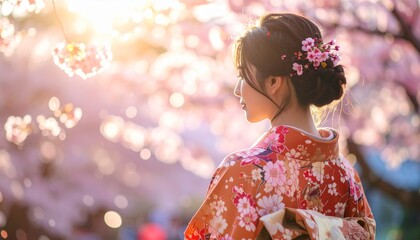 桜の花を眺める晴れ着姿の女性の後ろ姿のポートレート