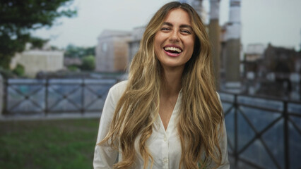 Young blonde woman touches hair on roman terrace; joy happiness freedom adventure.