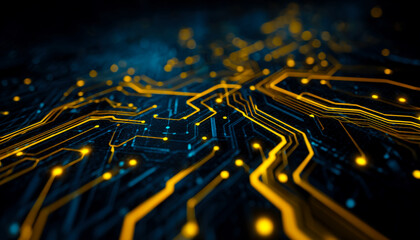 Futuristic circuitry with glowing connections and digital connectivity elements