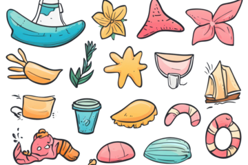 Summer fun hand drawn icon set depicting beach activities with colorful items including floats, starfish, and shells in a vibrant cartoon style
