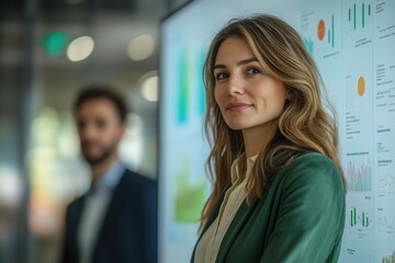 Fototapeta premium Confident businesswoman standing near a board with charts and graphs, showcasing business success and data analysis.