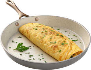 Golden rolled omelette with fresh green herbs in a light colored frying pan
