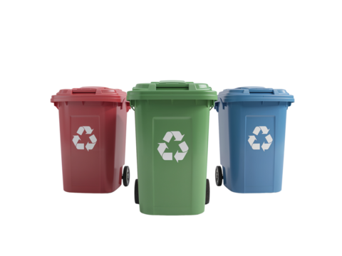 Three colorful recycle bins standing in a row, isolated on a transparent canvas for versatile