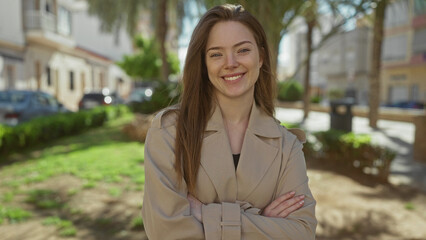 Woman smiling with crossed arms wearing beige trench coat in sunlit park with green grass;...