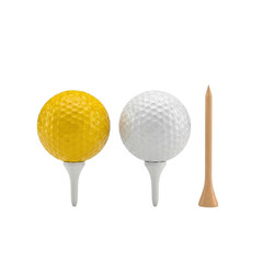 Two golf balls on tees and a wooden tee isolated on transparent background